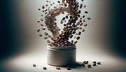 image of coffee beans falling into an air-tight glass storage container, showcasing freshness and quality in coffee bean storage, ideal for coffee shop settings and coffee preservation articles.