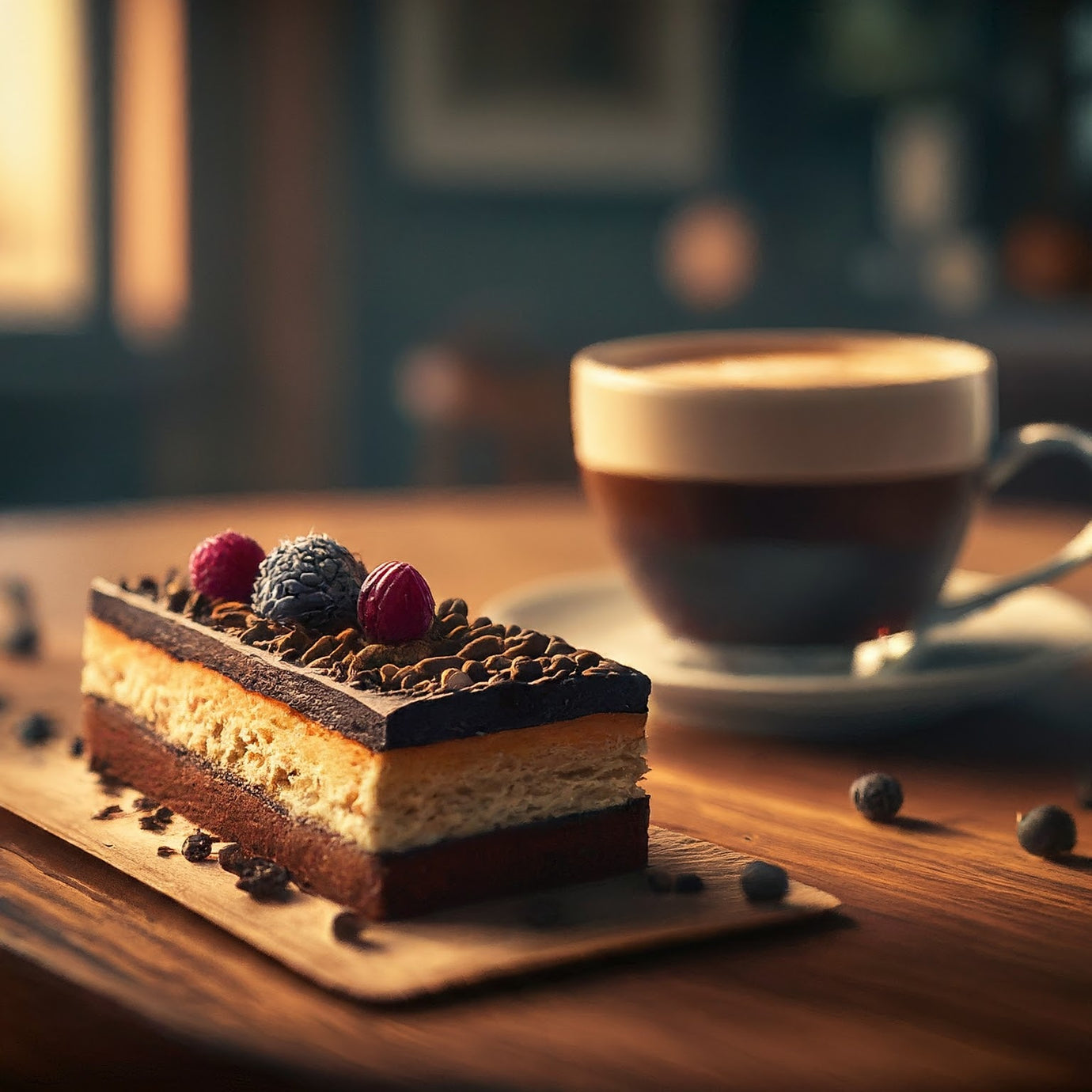 image showcasing coffee pairing concepts with a light roast coffee beside lemon loaf and a dark roast next to tiramisu, in a cozy café setting, ideal for articles on coffee flavor profiles and culinary pairings