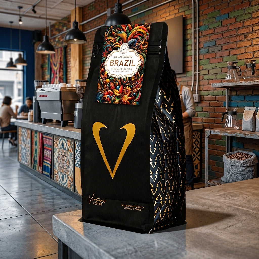 A black bag of Vesper Coffee Brazil coffee stands on a stone counter inside a rustic coffee shop with brick walls, hanging lights, and a coffee machine in the background.