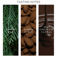 A tasting notes graphic for Virtusso Coffee featuring three vertical panels: a green cypress branch labeled 'CYPRESS', brown almonds labeled 'ALMOND', and milk chocolate being poured labeled 'MILK CHOCOLATE'. The brand name 'Virtusso Coffee' appears in gold at the bottom.