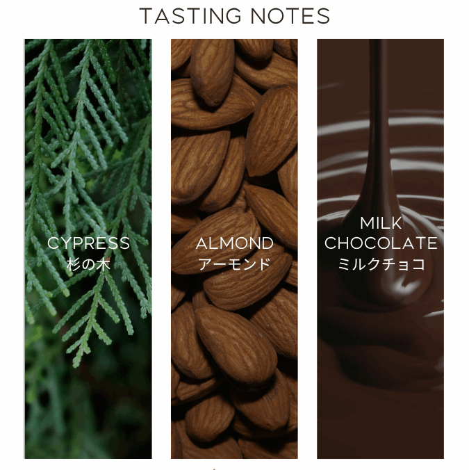 A tasting notes graphic for Virtusso Coffee featuring three vertical panels: a green cypress branch labeled 'CYPRESS', brown almonds labeled 'ALMOND', and milk chocolate being poured labeled 'MILK CHOCOLATE'. The brand name 'Virtusso Coffee' appears in gold at the bottom.