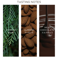 A tasting notes graphic for Virtusso Coffee featuring three vertical panels: a green cypress branch labeled 'CYPRESS', brown almonds labeled 'ALMOND', and milk chocolate being poured labeled 'MILK CHOCOLATE'. The brand name 'Virtusso Coffee' appears in gold at the bottom.