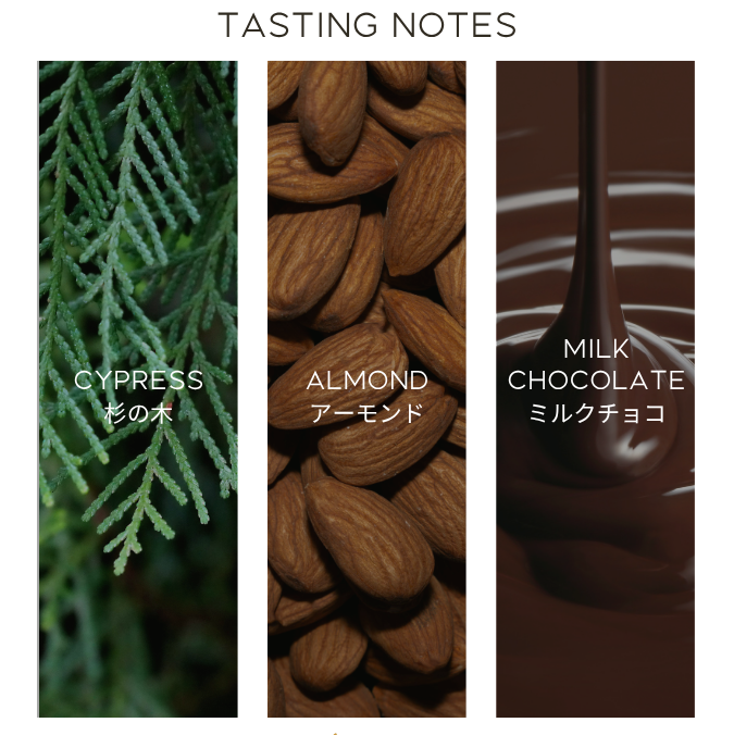 A tasting notes graphic for Virtusso Coffee featuring three vertical panels: a green cypress branch labeled 'CYPRESS', brown almonds labeled 'ALMOND', and milk chocolate being poured labeled 'MILK CHOCOLATE'. The brand name 'Virtusso Coffee' appears in gold at the bottom.