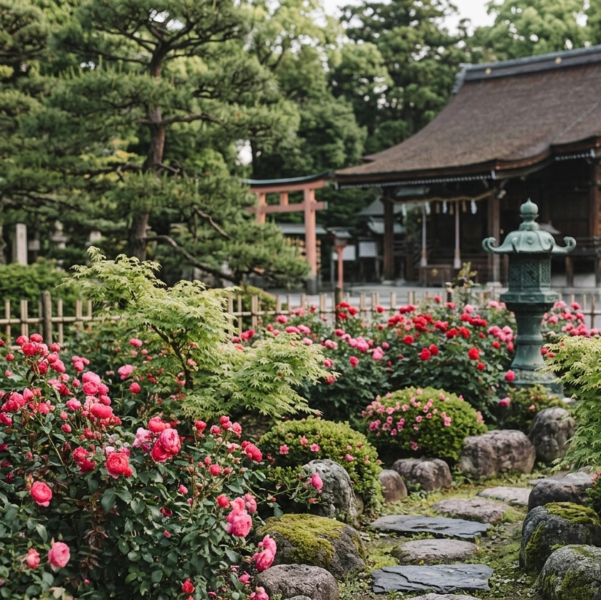 Traditional Japanese building with a garden featuring pink flowers and stone pathways.